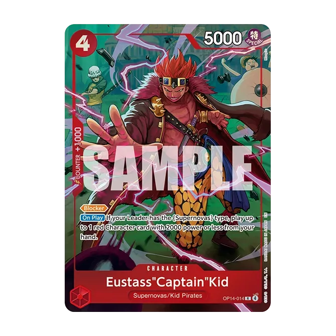 One Piece: Illustration Box Vol. 8 (Live) Eustass „Captain“ Kid Sammelkarte mit lebendigem Artwork und Spielstatistiken.