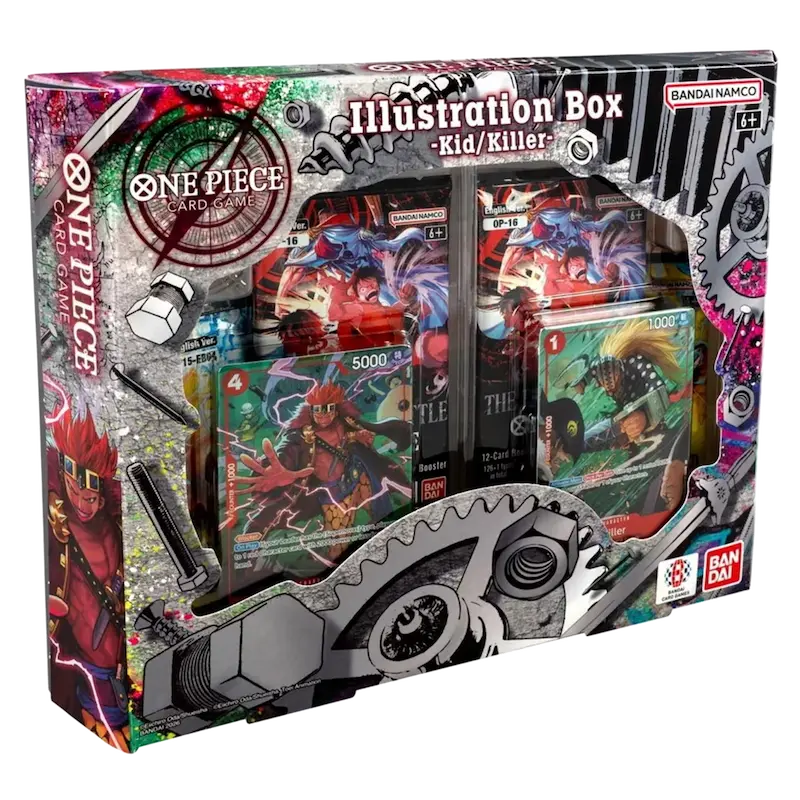 One Piece Illustration Box vol. 8 (Live) featuring Kid and Killer promotional cards and booster packs.