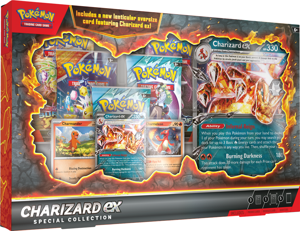 Charizard EX Special Collection Box mit Charizard ex, Glumanda und TCG-Boosterpacks, mit Pokémon TCG-Grafiken.