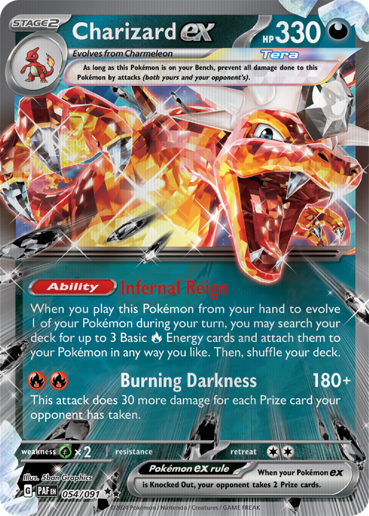 alt
Charizard ex Karte aus Pokémon TCG mit KP 330, Fähigkeiten