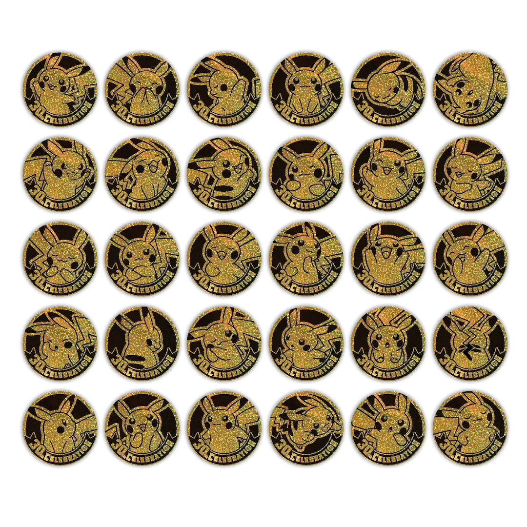 Collectie van Pikachu-thema gouden munten met diverse ontwerpen en uitdrukkingen, gerangschikt in een rasterpatroon.