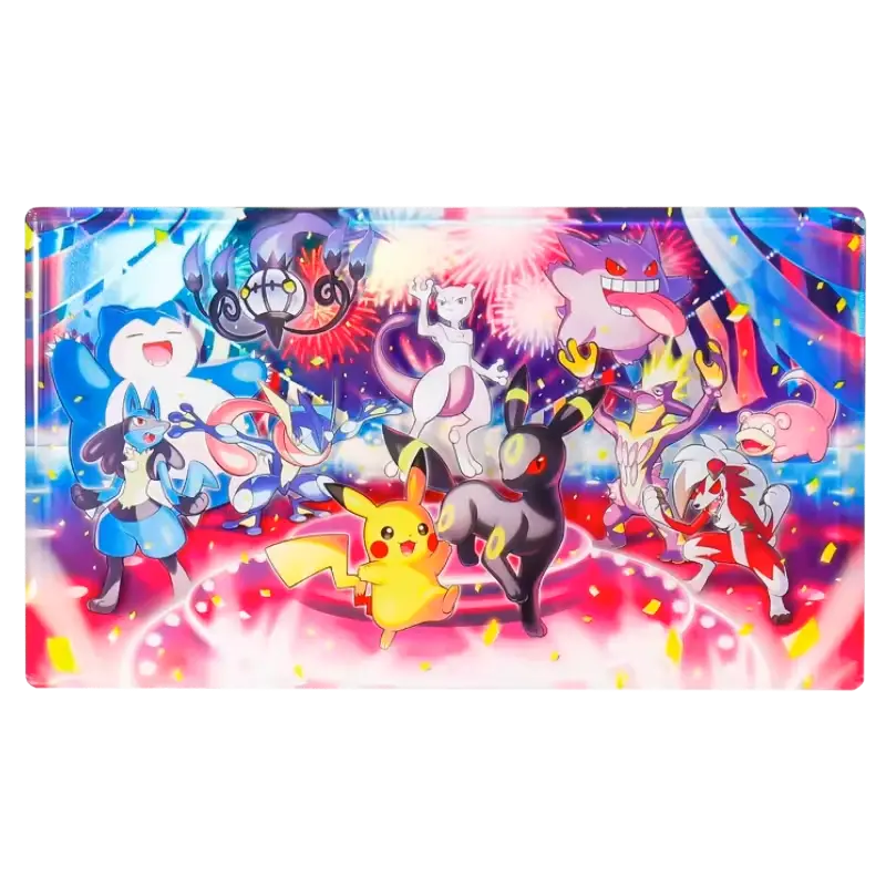 Bunte Pokémon-Feier mit Pikachu, Mewtwo und weiteren legendären Charakteren inmitten eines Feuerwerks.