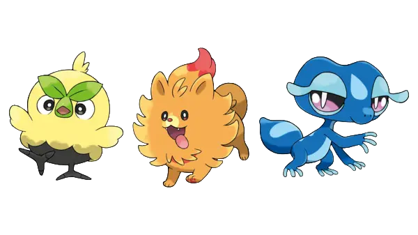 Drei Pokémon-Cartoonfiguren: ein grüner Vogel, ein flauschiger Feuerwelpe und ein blaues Amphibienwesen, jedes mit einem einzigartigen Gesichtsausdruck.