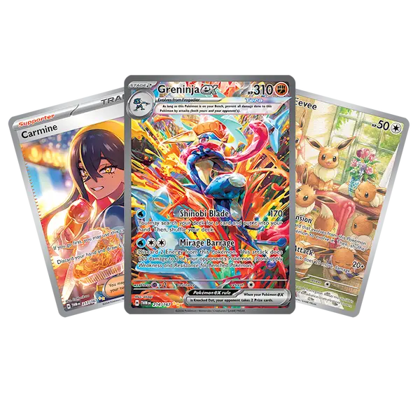 Collection de cartes Pokémon mettant en vedette Greninja EX, Carmine et Evoli dans des illustrations vibrantes.