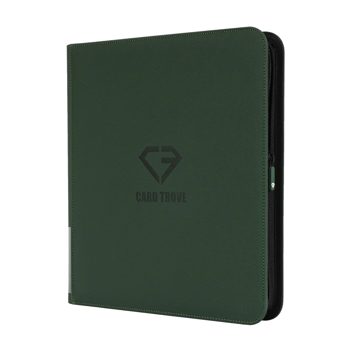 12-Pocket Card Binder Green, sturdy binder for storing 480 standard trading cards with smooth zipper and splash resistance.