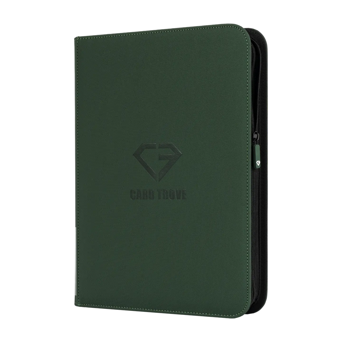 9-Pocket Card Binder Green with smooth zipper and sturdy cover for protecting trading cards.