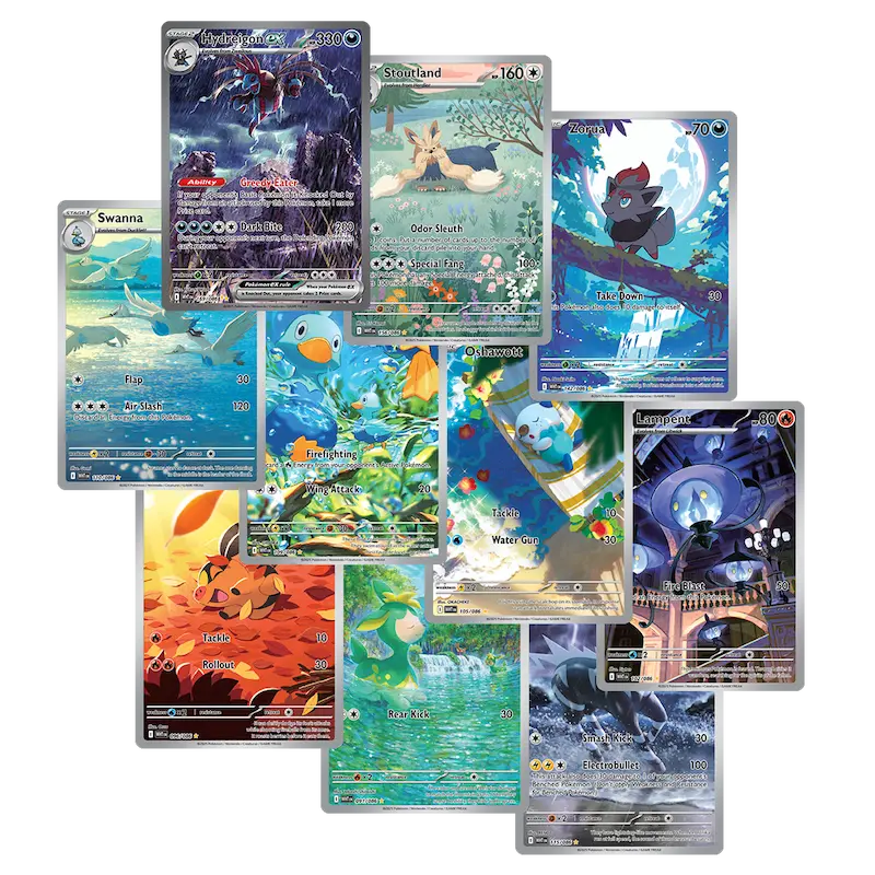 Collection of Pokémon trading cards featuring vibrant artwork and various creatures like Swanna and Alolan Meowth.
