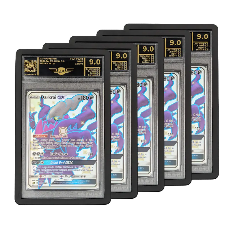 PSA Slab Bumper - Black protecting PSA graded Darkrai GX trading cards in display