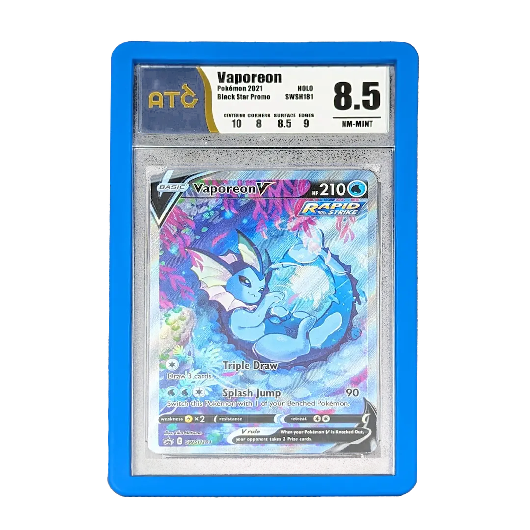 PSA Slab Bumper - Blue protecting a Vaporeon Pokemon card graded 8.5 from cirdbinder.com.