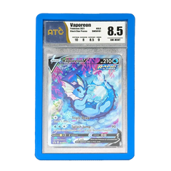 PSA Slab Bumper - Blauw ter bescherming van een Vaporeon Pokémon-kaart, beoordeeld met 8,5, van cirdbinder.com.