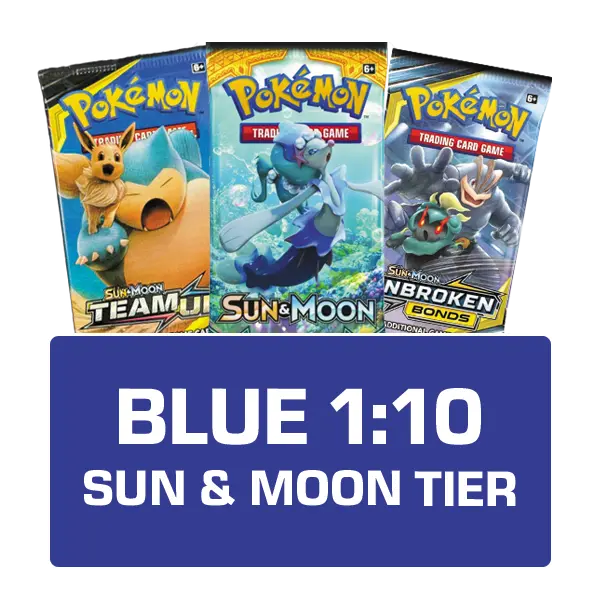 Three Pokémon Trading Card Game booster packs from the Sun & Moon tier with a blue label.