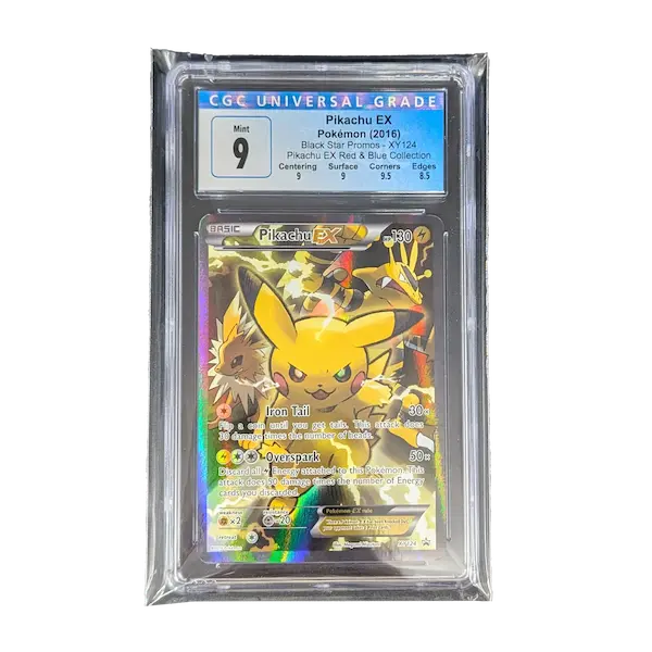 Carte Pikachu EX de Pokémon (2016), notée Mint 9, sous scellé protecteur, présentant une illustration vibrante.