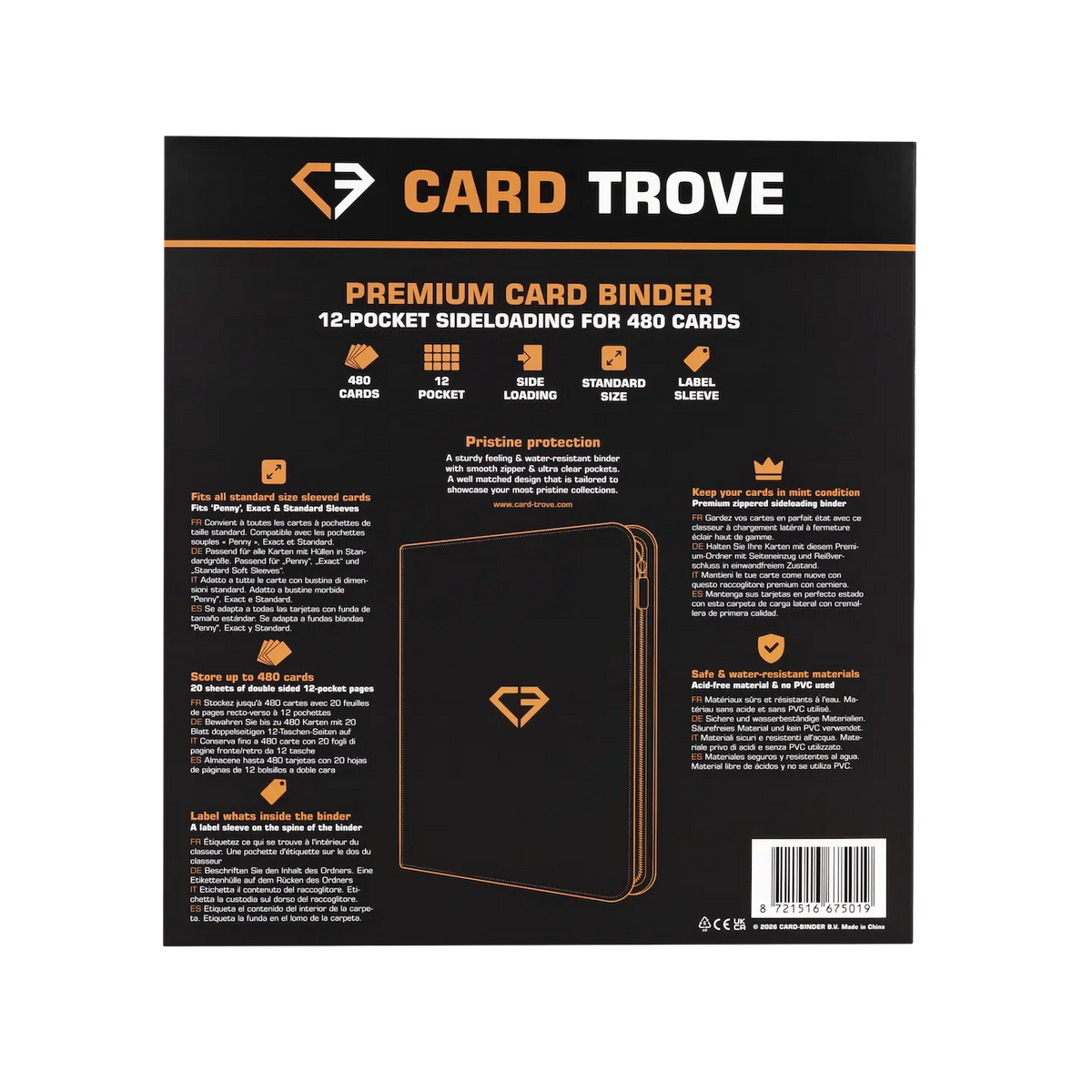 12-Pocket Card Binder Black back view showcasing 12-pocket design for storing 480 cards.