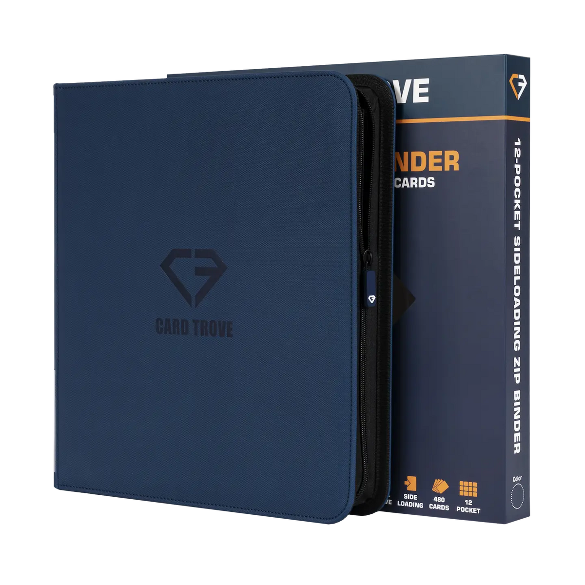 12-Pocket Card Binder Blue with side-loading compartments for trading cards, designed to hold 480 cards safely.