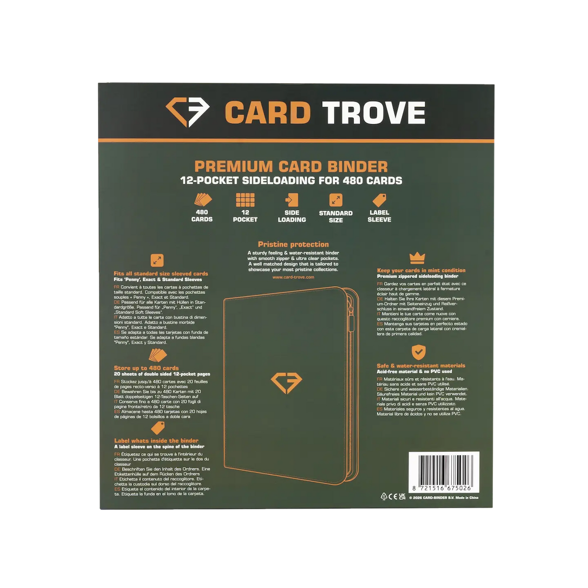 Reliure de cartes à 12 pochettes, couverture arrière verte montrant les détails et les caractéristiques pour le rangement de 480 cartes à collectionner standard.