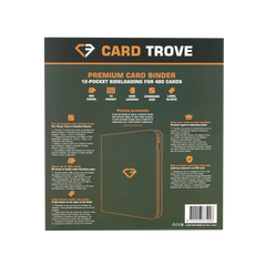 Reliure de cartes à 12 pochettes, couverture arrière verte montrant les détails et les caractéristiques pour le rangement de 480 cartes à collectionner standard.