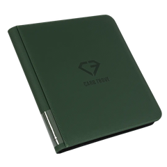 Reliure de cartes à 12 pochettes verte présentée dans une couverture verte de qualité supérieure, conçue pour contenir jusqu'à 480 cartes à collectionner standard.