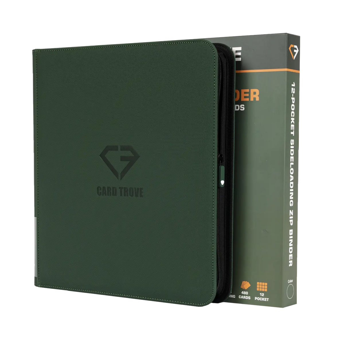 Reliure de cartes à 12 pochettes verte avec fermeture éclair, conçue pour 480 cartes à collectionner standard, finition résistante aux éclaboussures.