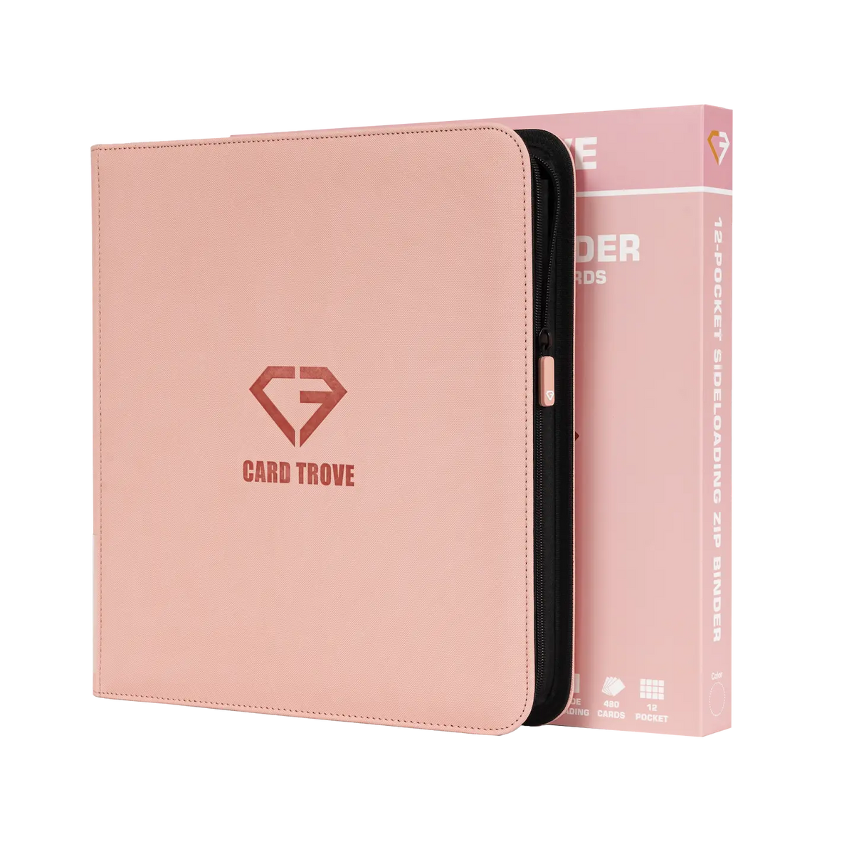 12 Pocket Card Binder Pink with ultra clear compartments and smooth zipper for storing trading cards.