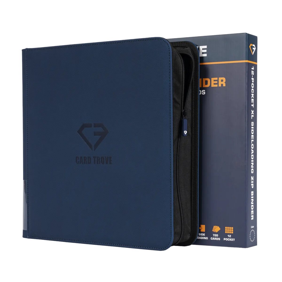 12-Pocket XL Card Binder Blue displayed with packaging, ideal for storing up to 720 standard trading cards.