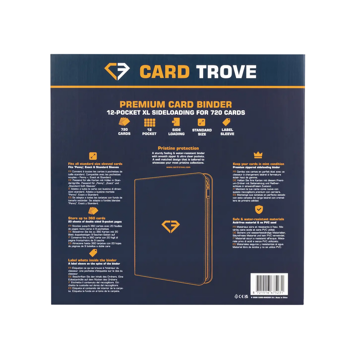 12-Pocket XL Card Binder Blue back packaging showcasing features and card storage options.