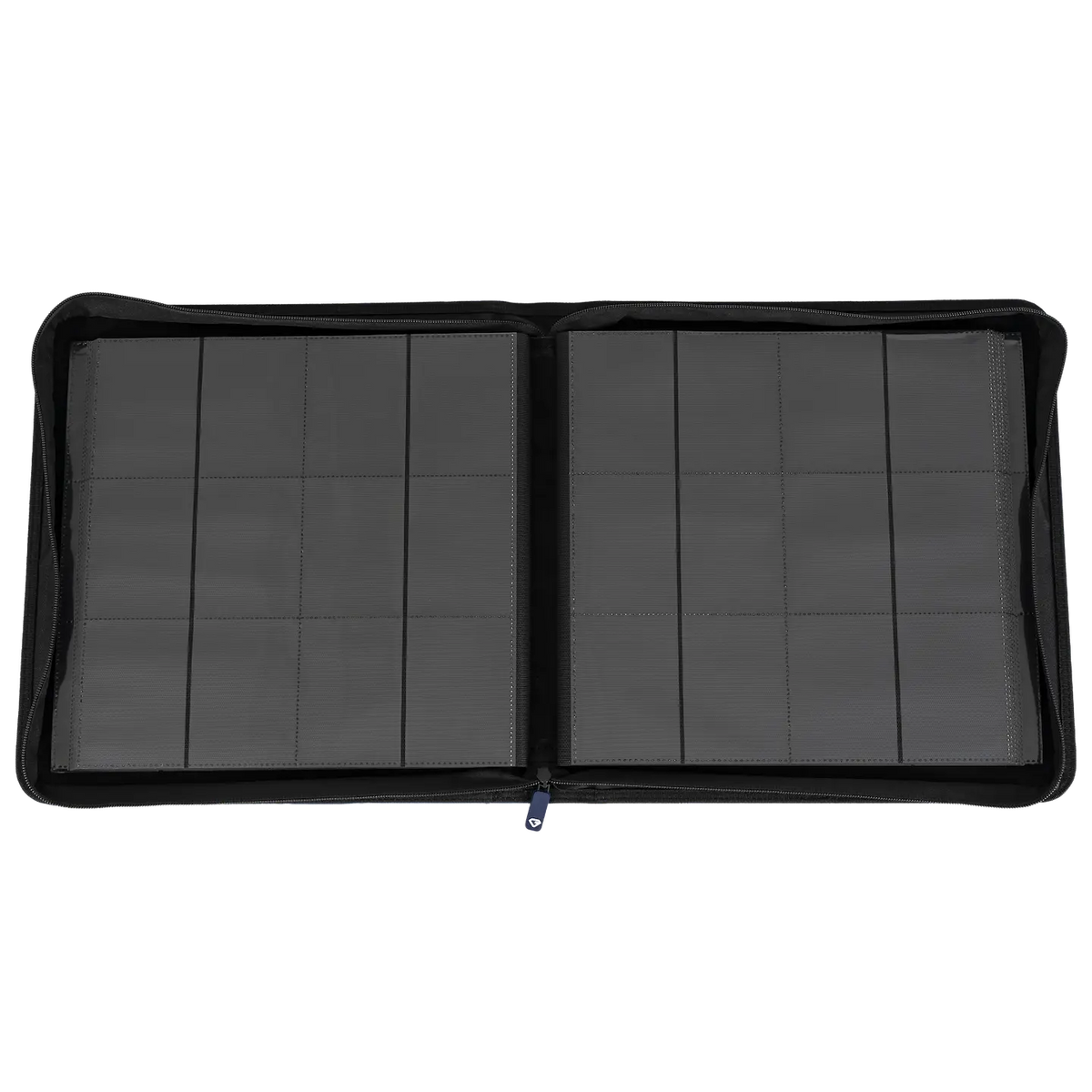 12-Pocket XL Card Binder Blue open view showcasing interior compartments for organizing trading cards.
