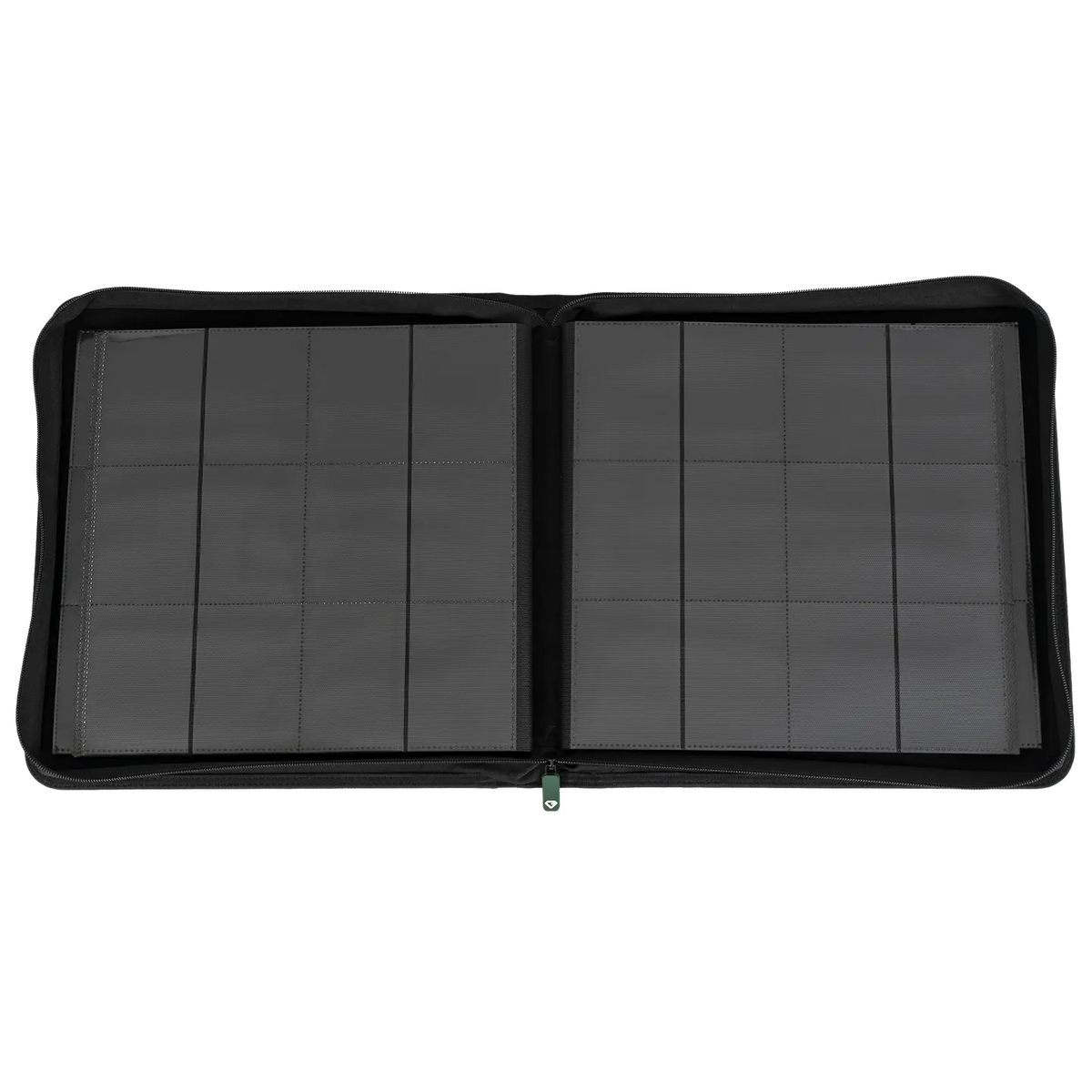 12-Pocket XL Card Binder Green opened to show interior compartments for storing trading cards.