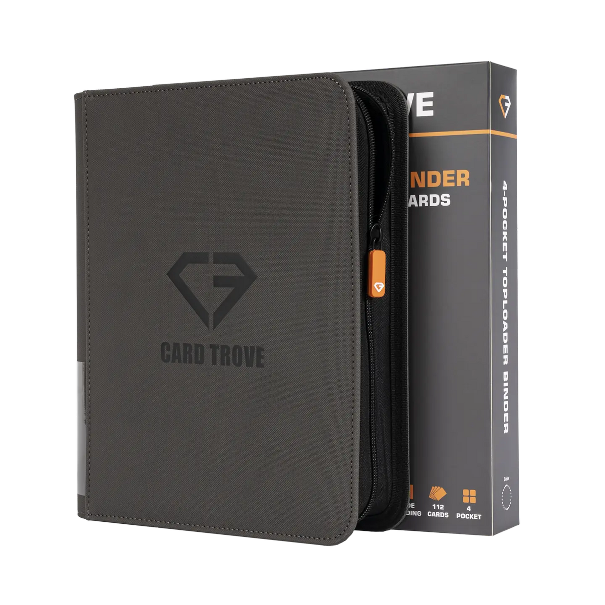 4-Pocket Toploader Card Binder Grey, durable binder for 112 standard toploaders, splash resistant with zipper.