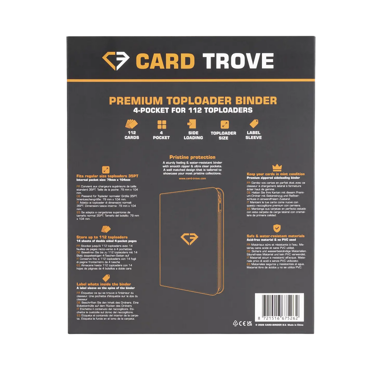 4-Pocket Toploader Card Binder Grey back view showcasing compartments for 112 standard toploaders.
