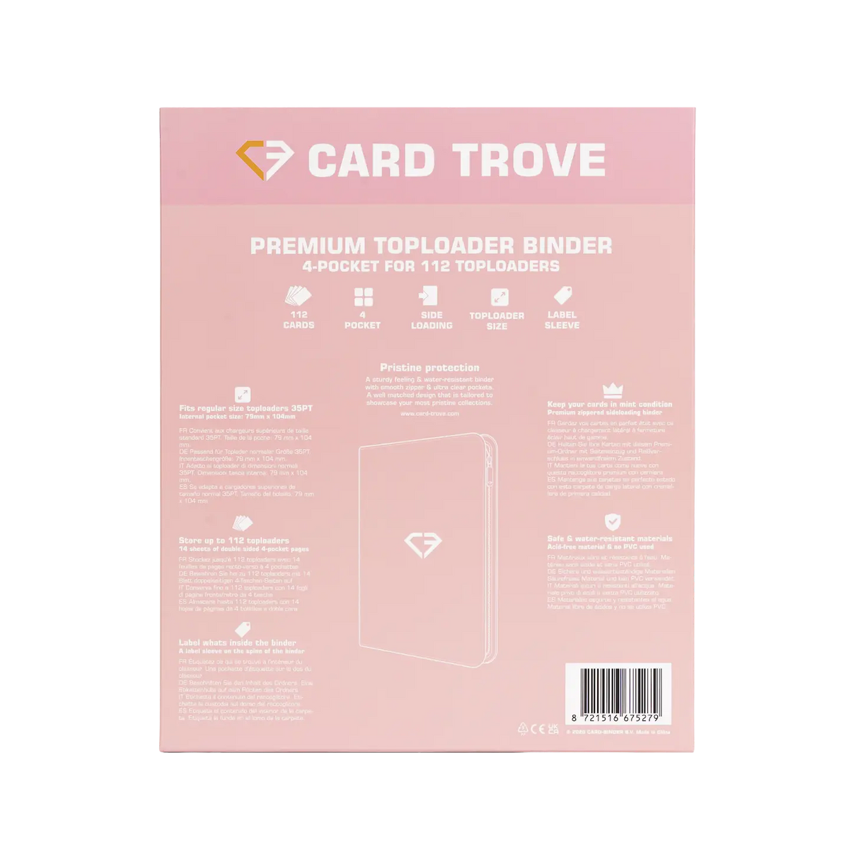 4-Pocket Toploader Card Binder Pink back view showcasing premium features for 112 standard top loaders.