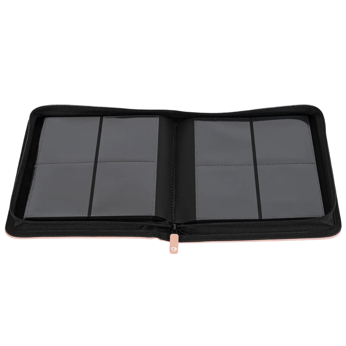 Open view of 4-Pocket Toploader Card Binder Pink with grey compartments for storing trading cards.