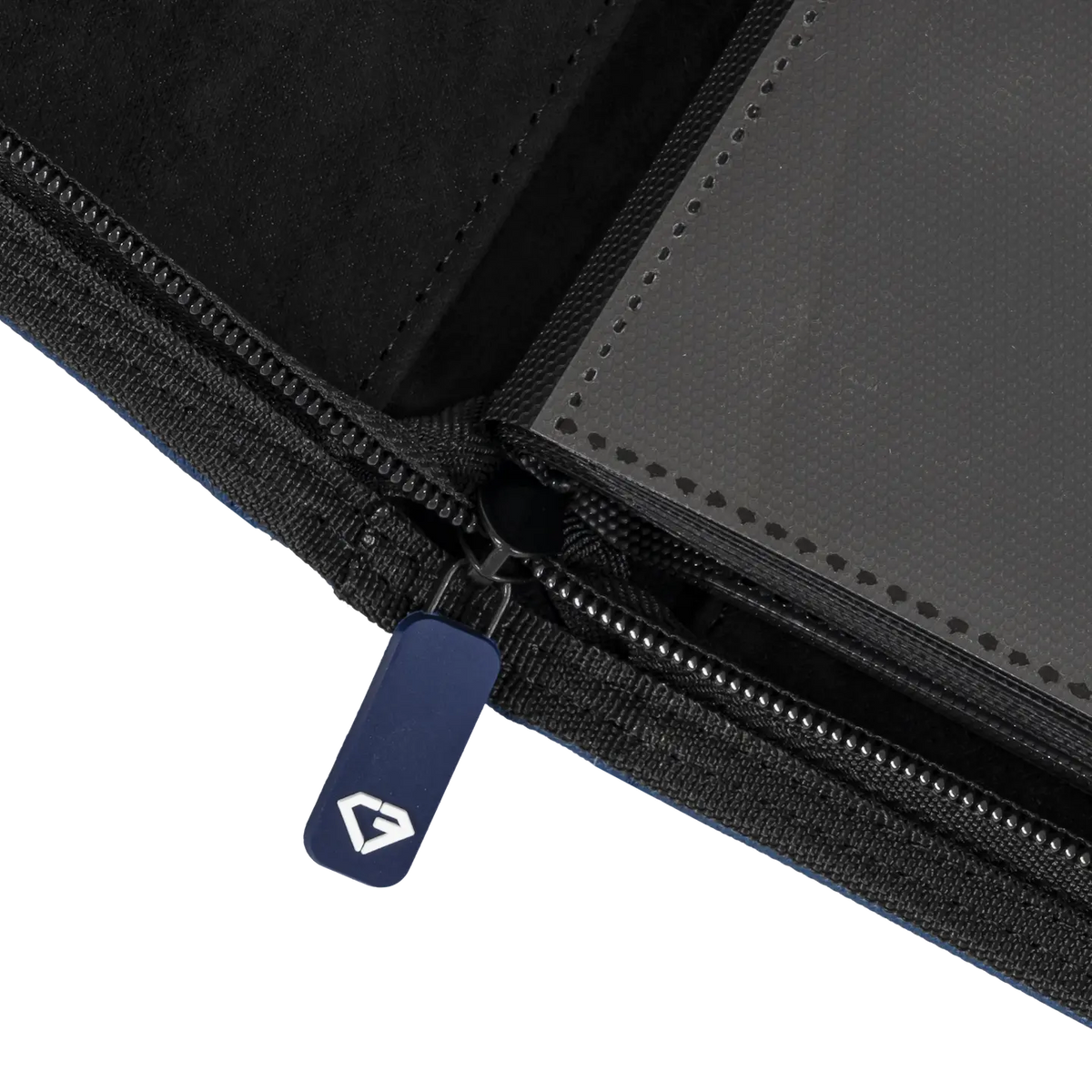 Interior view of the 9-Pocket Card Binder Blue showing smooth zipper and sideloading compartments.