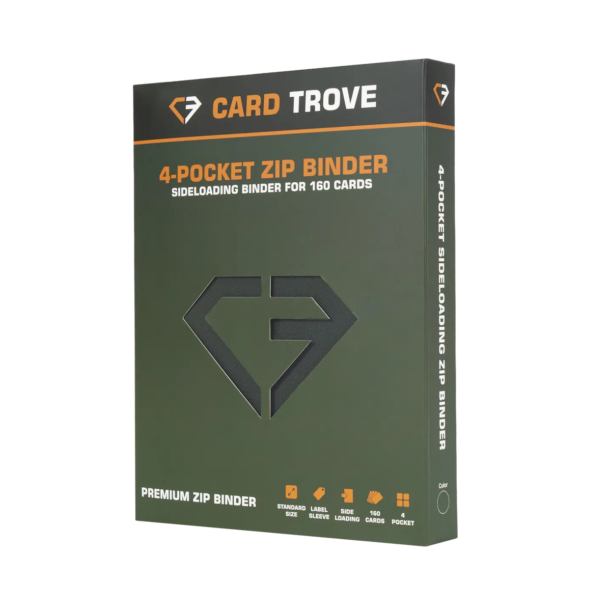 4-Pocket Card Binder Green, premium zip binder for 160 standard trading cards with sideloading compartments.