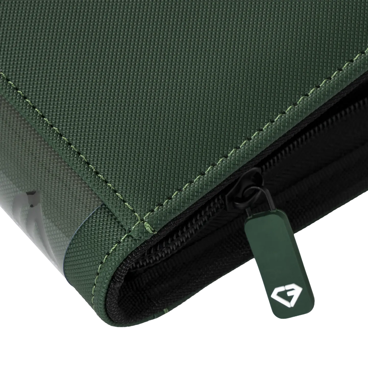 4-Pocket Card Binder Green zipper and material detail showcasing quality design and durability.