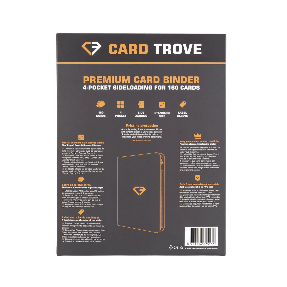 4-Pocket Card Binder Grey back view showcasing premium features and sliding compartments for 160 trading cards.