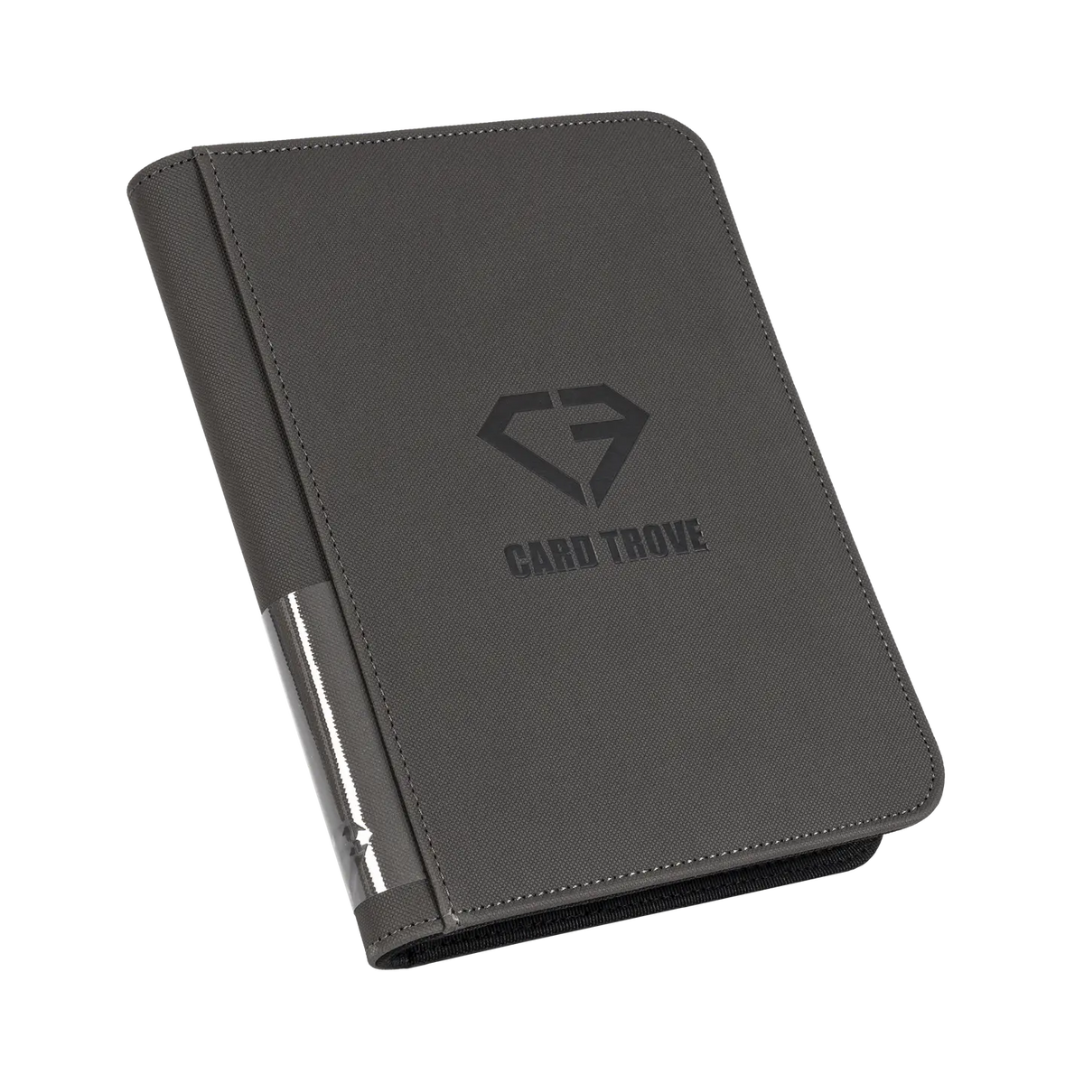 4-Pocket Card Binder Grey for organizing and protecting standard trading cards, splash resistant with zipper.
