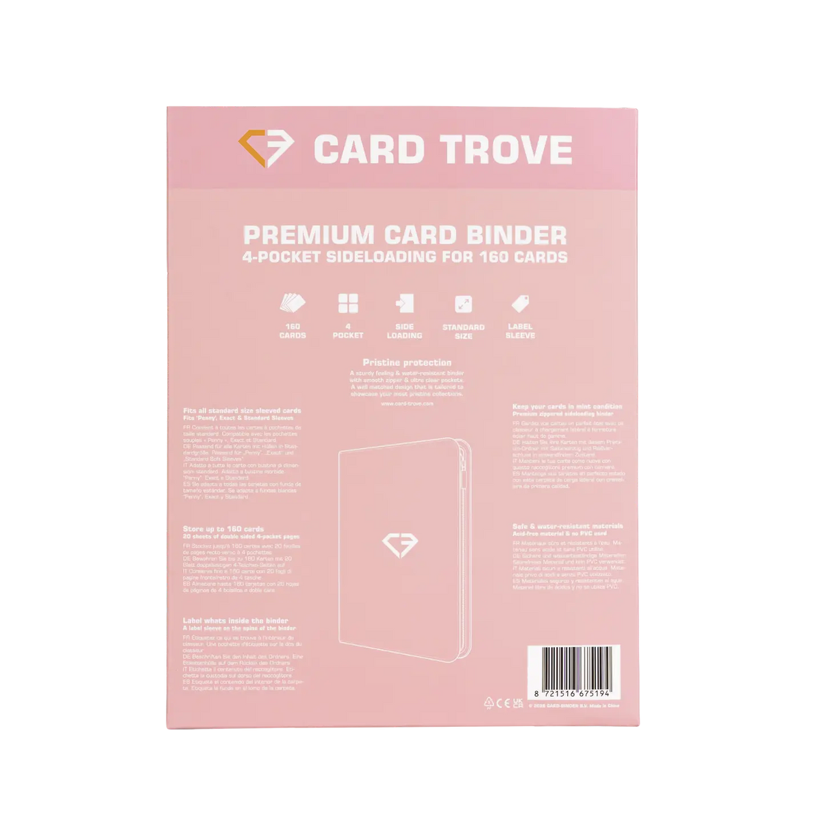 4-Pocket Card Binder Pink premium card binder with sideloading compartments for 160 trading cards.