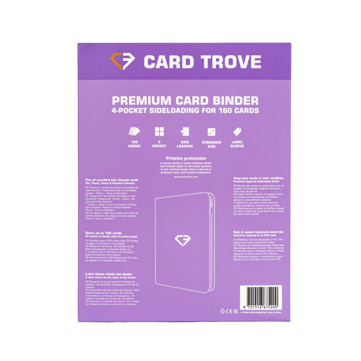 4-Pocket Card Binder Purple back view showcasing features for storing 160 trading cards.