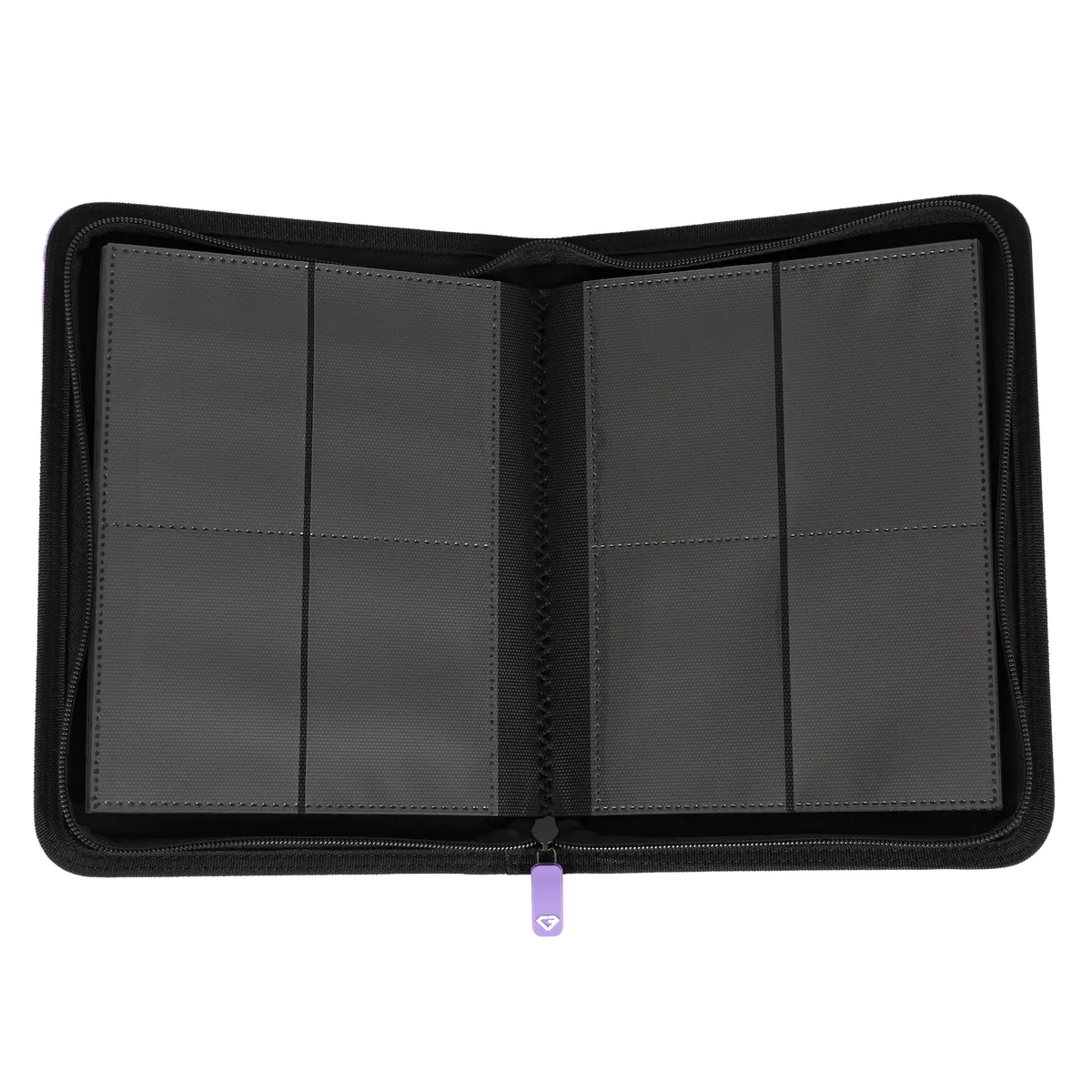 Interior view of the 4-Pocket Card Binder Purple showing the eight card slots and zipper.