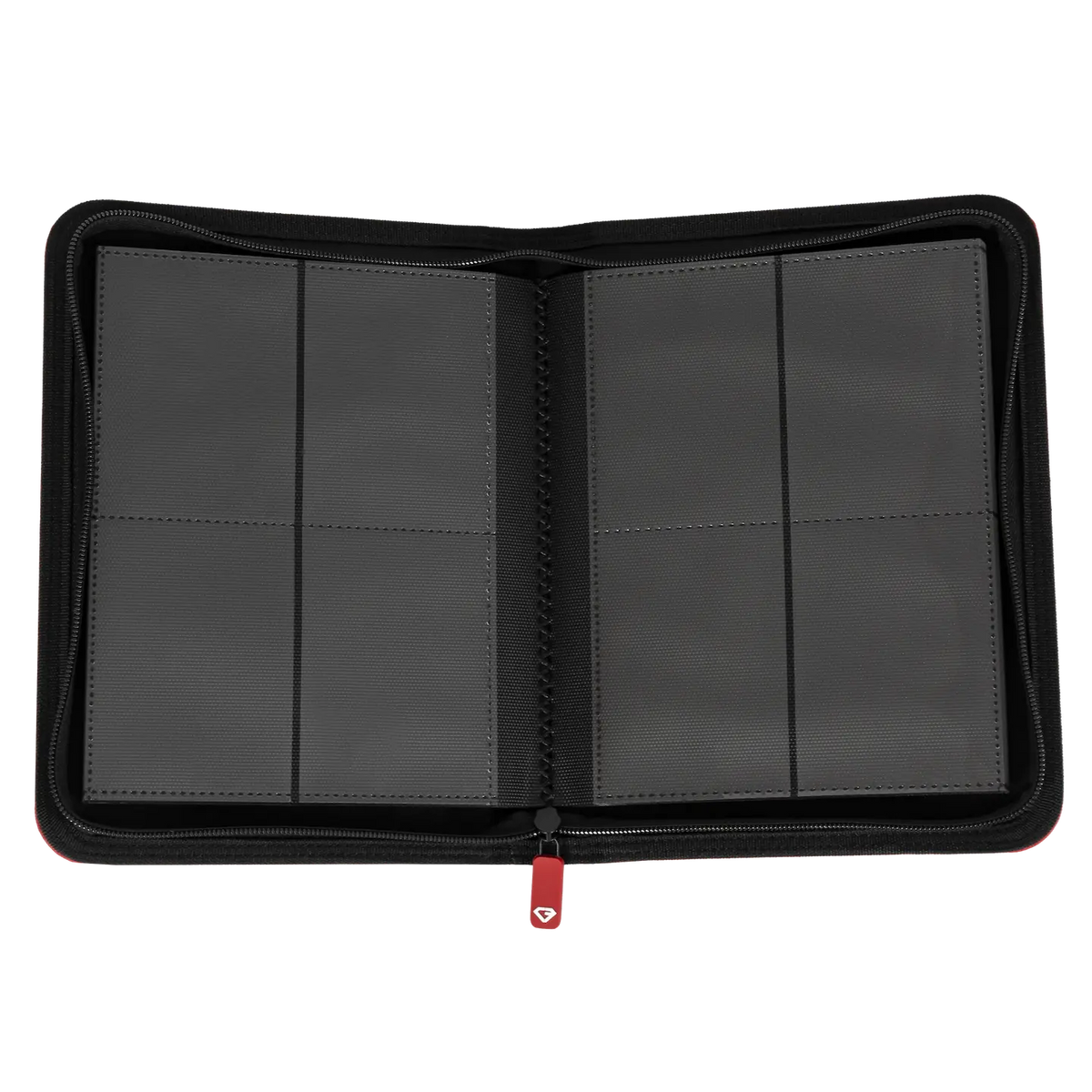 4-Pocket Card Binder Red opened showing 4 pocket layout with ultra clear compartments for trading cards.