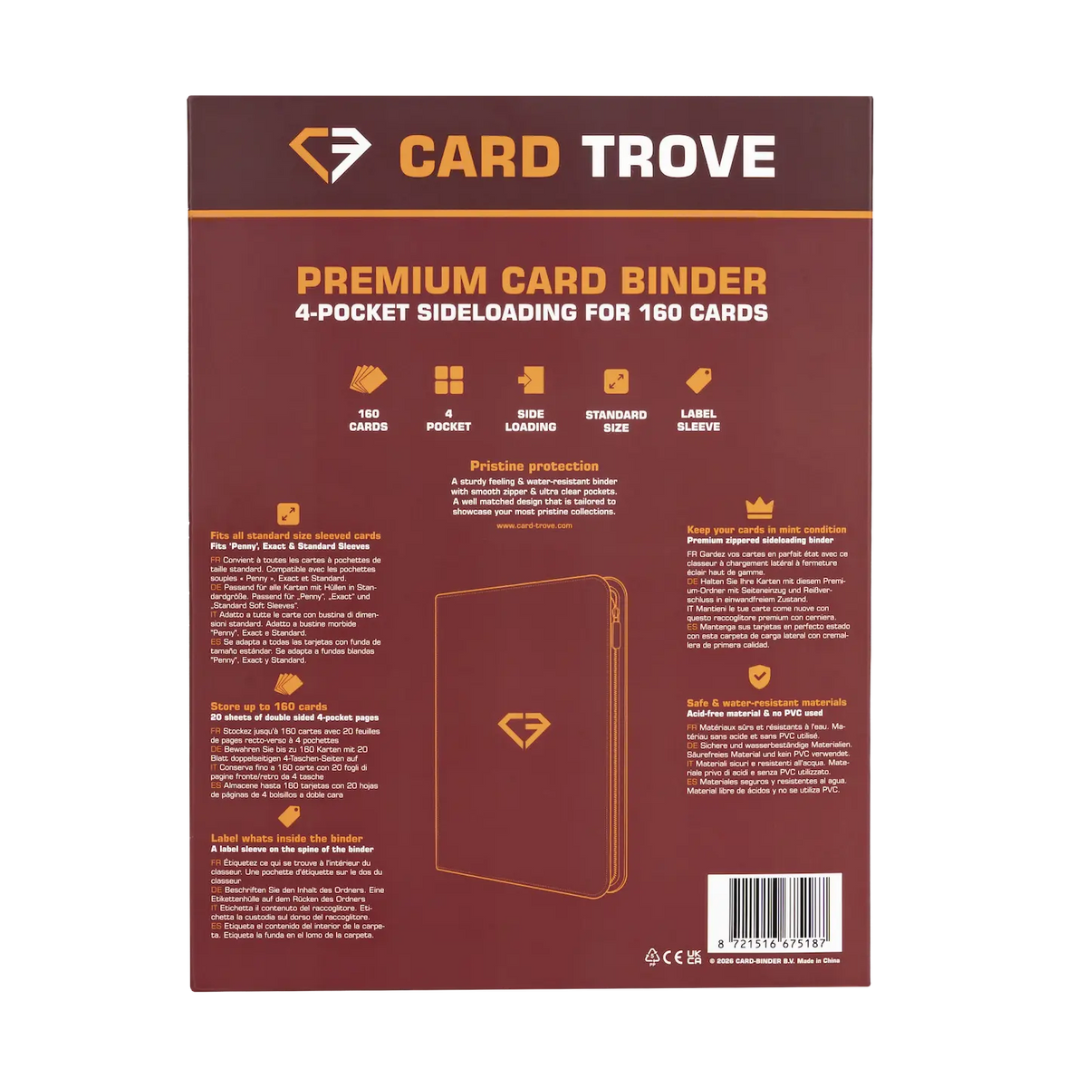 4-Pocket Card Binder Red premium card binder for 160 standard trading cards, featuring splash resistance and ultra-clear compartments.