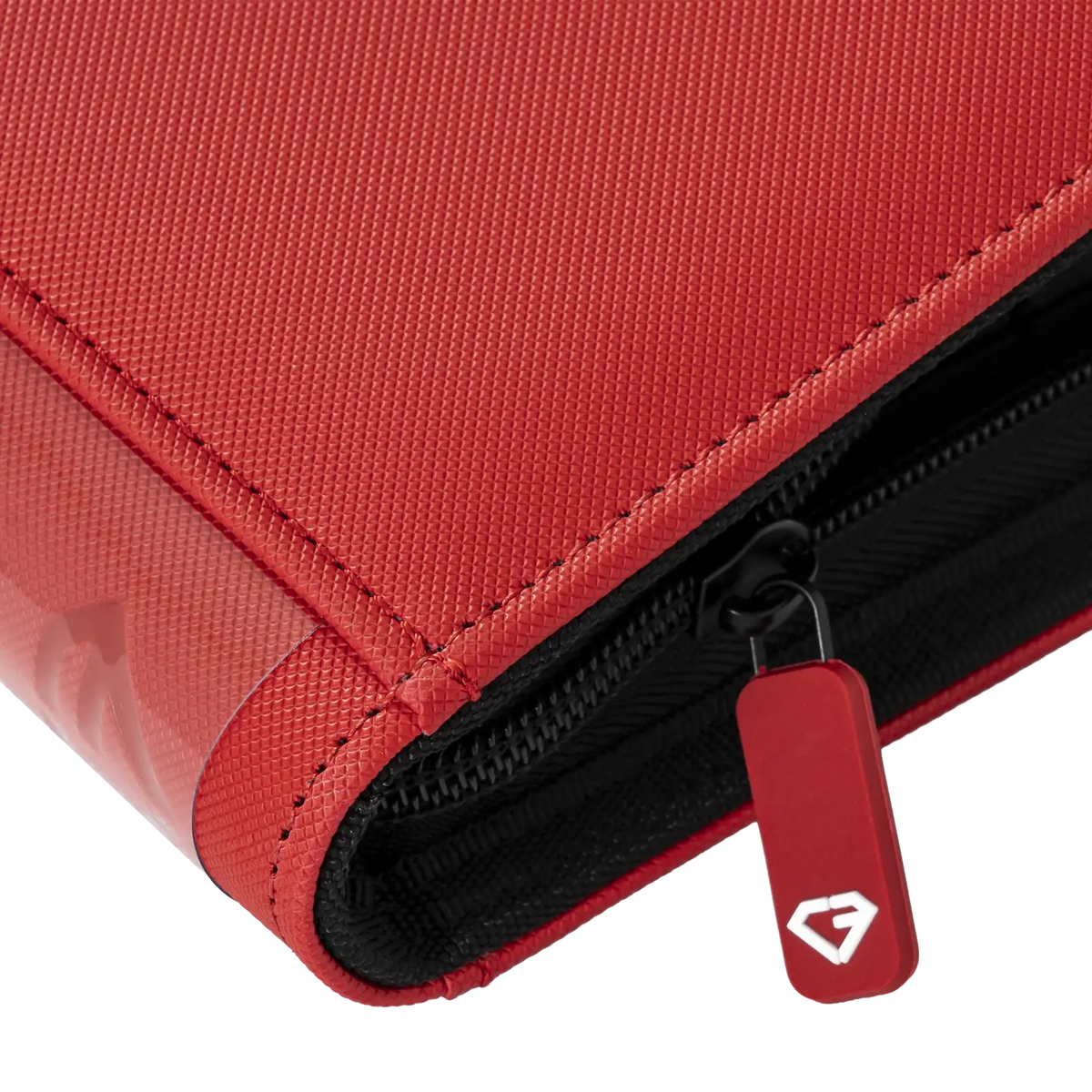 Close-up of the 4-Pocket Card Binder Red zipper and texture, showcasing durability and quality design.