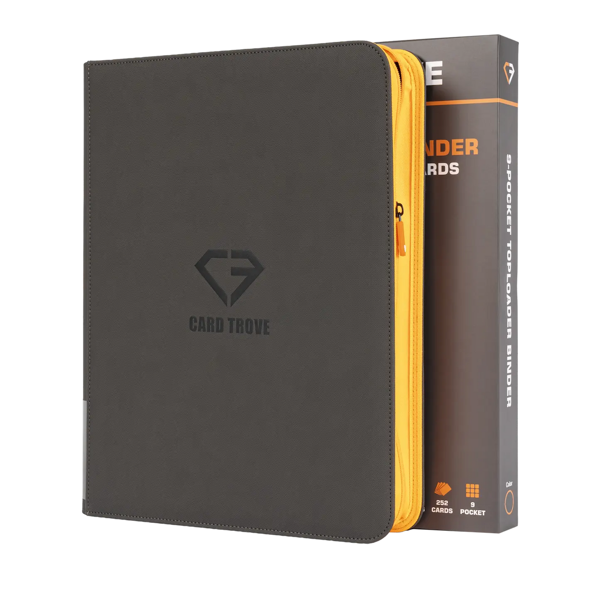 9-Pocket Toploader Card Binder - Trove Limited grey binder with zipper and packaging for trading cards.