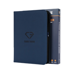 Classeur de cartes 9 pochettes bleu avec fermeture éclair lisse et compartiments ultra-clairs à chargement latéral pour cartes à collectionner.