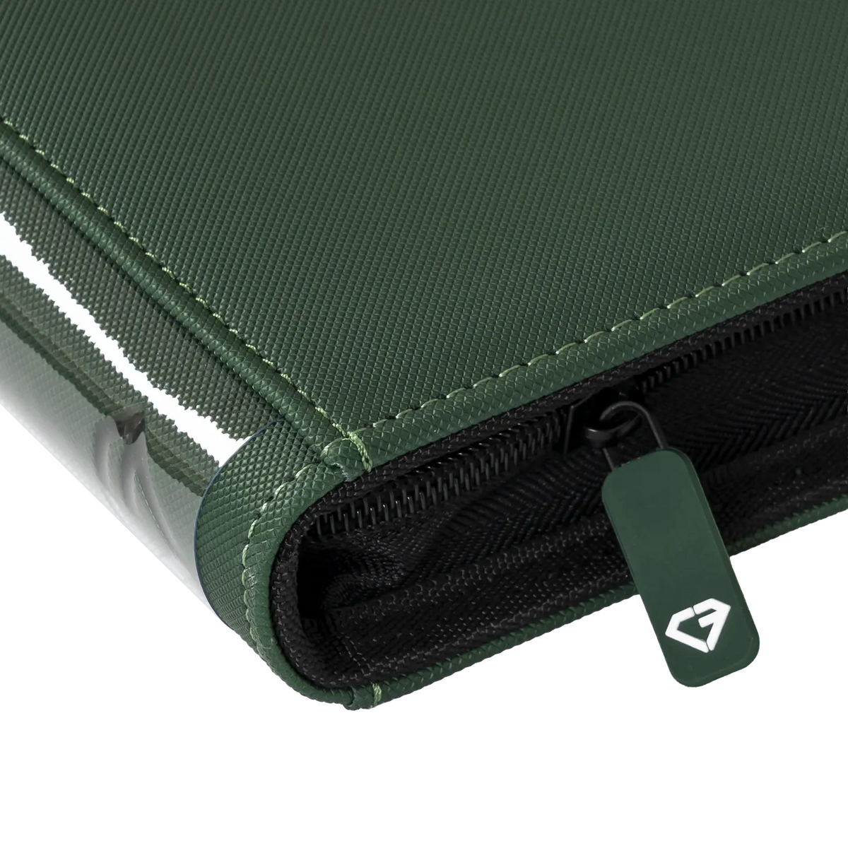 9-Pocket Card Binder Green close-up showing zipper and premium finish for trading cards.