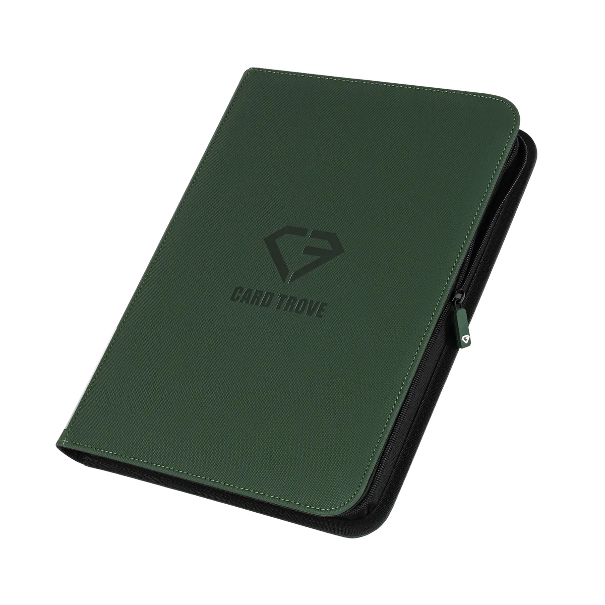 9-Pocket Card Binder Green with smooth zipper and splash resistant surface for storing trading cards.