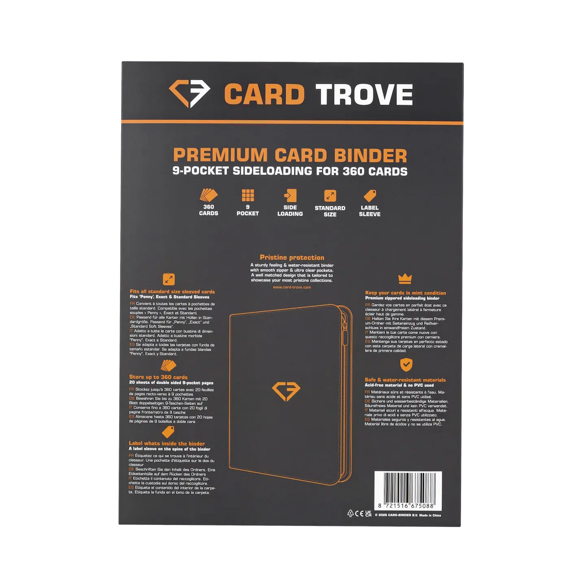 9 Pocket Card Binder with premium design for 360 standard trading cards, featuring sideloading pockets and sturdy construction.