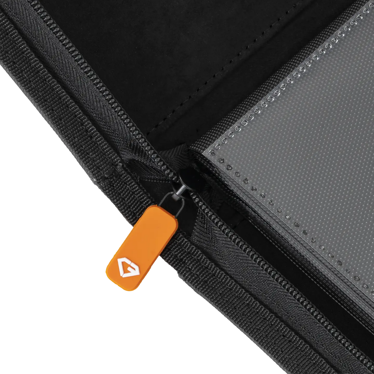 Close-up of the zipper on the 9 Pocket Card Binder, highlighting the sturdy design and smooth functionality.