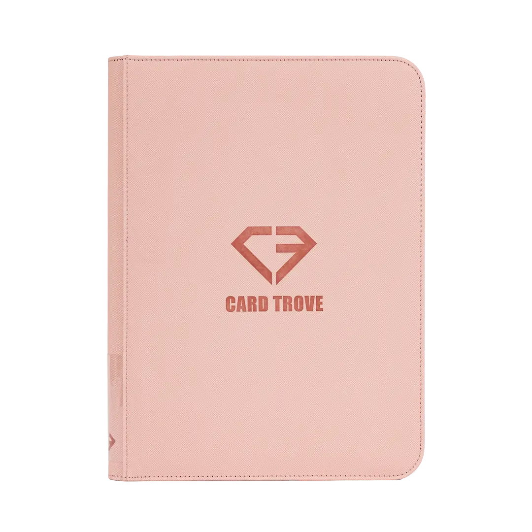 9-Pocket-Kartenbinder in Pastellrosa mit Logo, für Sammelkarten, mit glatten Reißverschlussfächern.