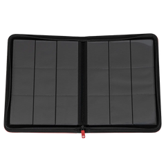 Offene Ansicht eines roten 9-Taschen-Kartenbinders mit durchsichtigen Fächern zur Organisation von Sammelkarten.